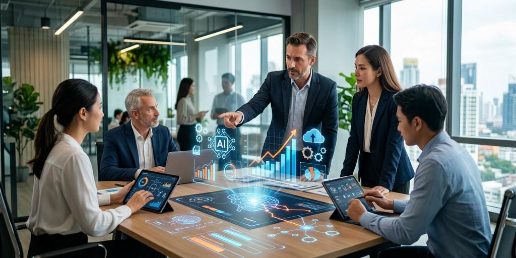 Business team reviewing enterprise AI opportunities and operational workflows.