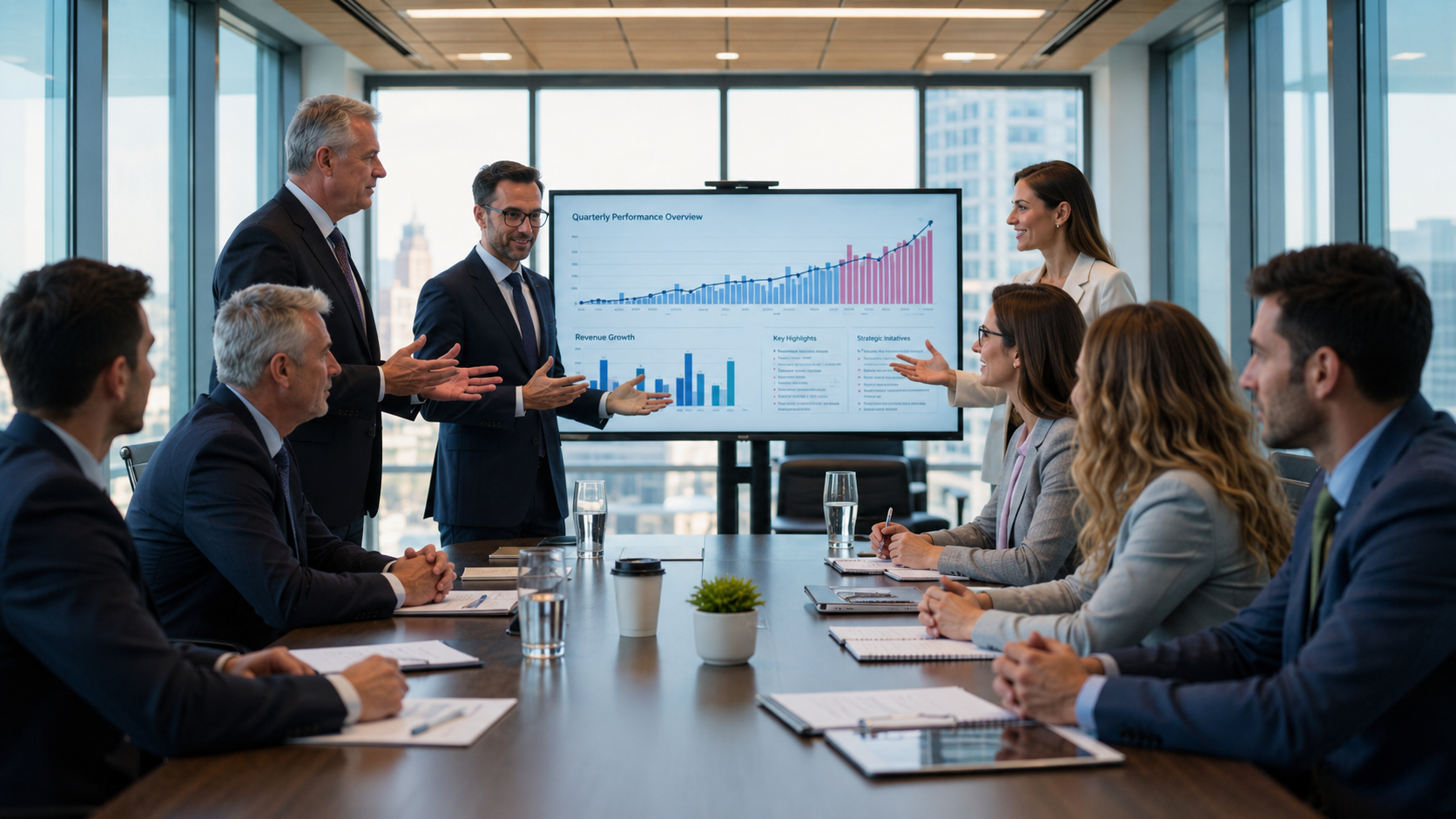Executive team discussing enterprise AI readiness assessment Wilton CT, viewing digital analytics in a modern office – faces and gestures appear professional and natural.