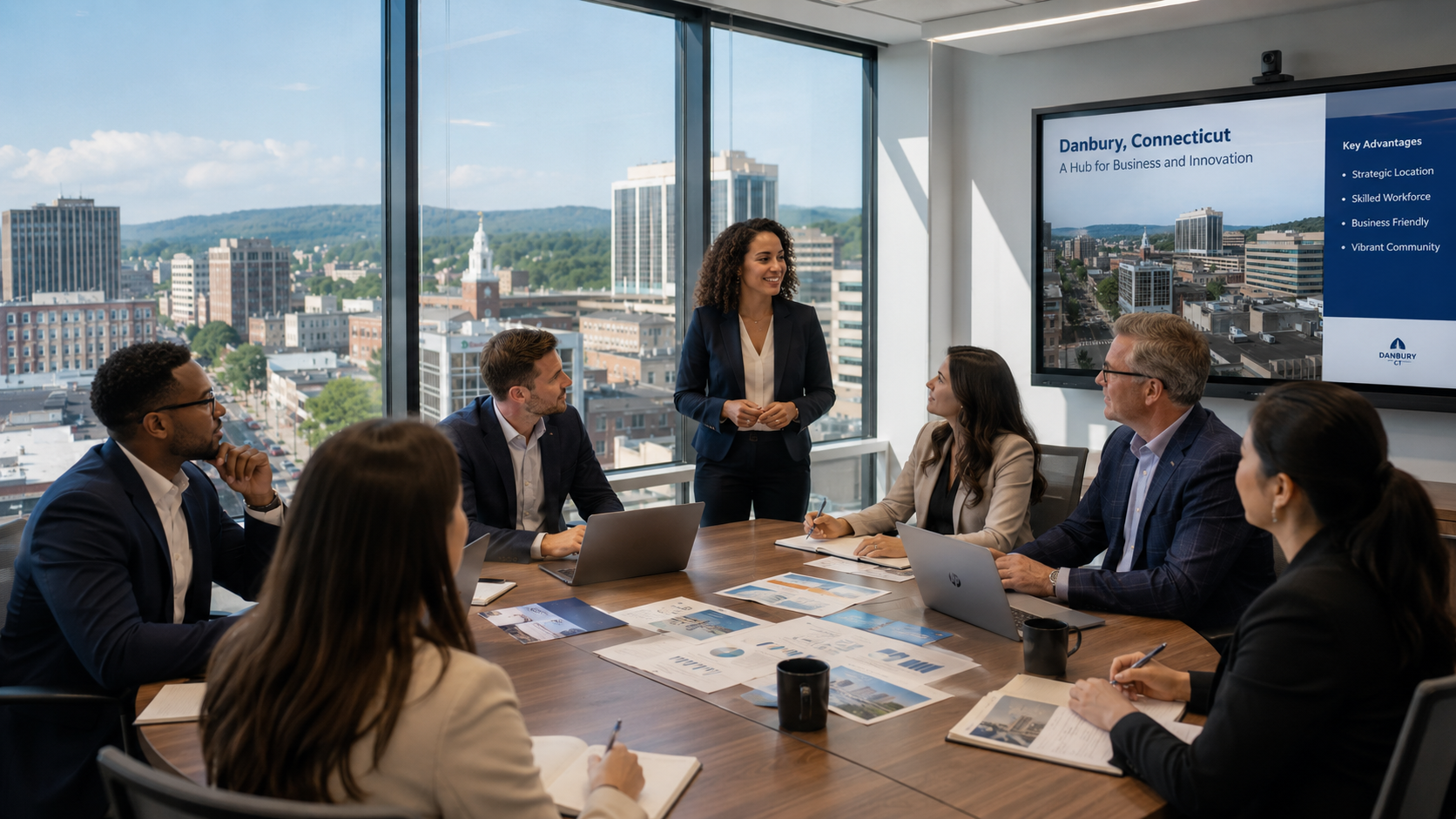 Professional business leaders collaborating on enterprise AI readiness assessment Danbury CT in a modern office with AI-themed icons and city views.